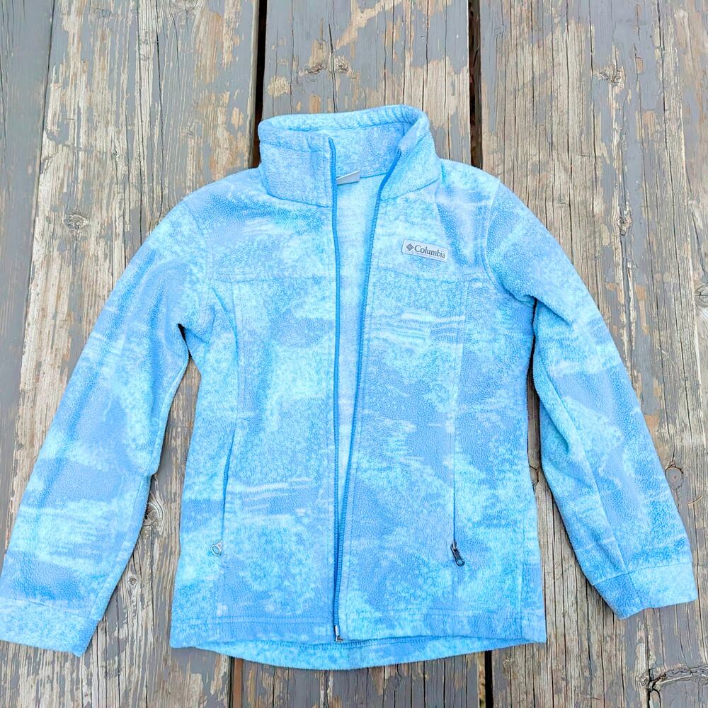 Columbia Girls Size S 8 Blue Cloud Tie Dye Print Full Zip Fleece Jacket Coat
